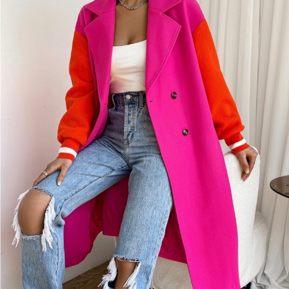 Pink/orange colorblock double-breasted coat, Medium Size 8/10